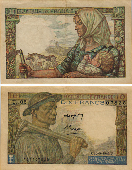 ФРАНЦИЯ 10 ФРАНКОВ 1949 10 МАРТА 1949 Pick 99f бумага 8595-47-2-1