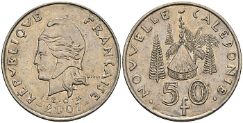 Французская Новая Каледония 50 франков 2007 хижина среди сосен и пальм, (IEOM) KM 13a, Schoen 15a, Lec 128i медно-никель 4144-1115