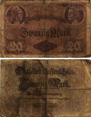 ГЕРМАНИЯ 20 МАРОК 1914 5 АВГУСТА 1914, ШЕСТЬ ЦИФР В НОМЕРЕ Pick 48а бумага 7191-53-1-2