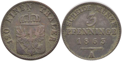 ПРУССИЯ 3 ПФЕННИГА 1863 А, ВИЛЬГЕЛЬМ I (1861-1888) KM 482 медь 117-1056