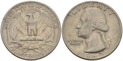 США 25 центов (квотер) 1967 Вашингтон KM 164а медь плакированная медно-никелем 31-721