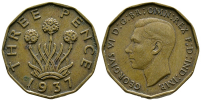 Великобритания 3 пенса 1937 Георг VI (1936-1952) KM 849, Spink 4112 никель латунь 51-815