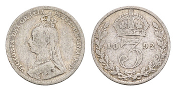 Великобритания 3 пенса 1892 Виктория (1837-1901) KM 758, Spink 3931 серебро 4658-957