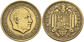 Испания 1 песета 1953 (62) Франсиско Франко (1939-1975) KM 775 алюминиевая бронза    4153-155