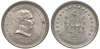 Уругвай 25 сентесимо 1960 KM 40 медно-никель 4169-823