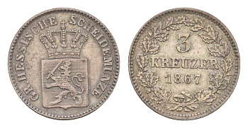 Гессен-Дармштадт 3 крейцера 1867 Людвиг III (1848-1877) KM 345 серебро 1531-1523