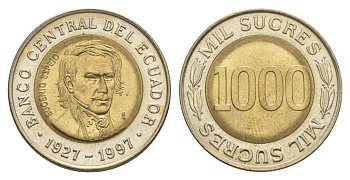 Эквадор 1000 сукре 1997 70 лет Центробанку KM 103 биметалл UNC 4641-741