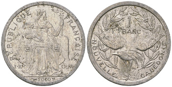 Французская Новая Каледония 1 франк 2000 птица кагу, (IEOM) KM 10, Schoen 10, Lec 52e алюминий 41-1051