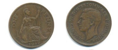 Великобритания 1 пенни 1947 Георг VI (1936-1952) KM 845, Spink 4114 бронза 89-234