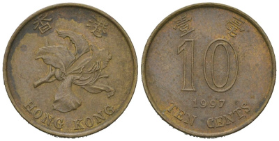 Гонконг 10 центов 1997 KM 66 сталь плакированная латунью 4580-1024