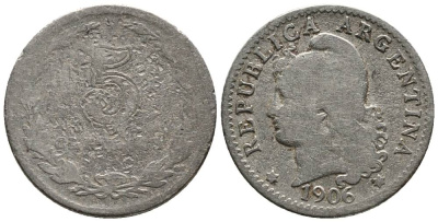 Аргентина 5 сентаво 1906 голова свободы влево KM 34 медно-никель 4528-223