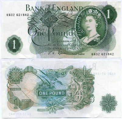 Англия 1 фунт 1960-1977 Буква "G", signature: J. S. Fforde Pick 374 f бумага аUNC 450-2-1-1