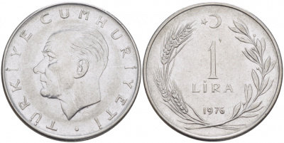 Турция 1 лира 1976 Мустафа Кемаль Ататюрк KM 889а.2 нержавеющая сталь 212-1247
