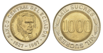 Эквадор 1000 сукре 1997 70 лет Центробанку KM 103 биметалл UNC 4641-741