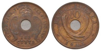 Британская Восточная Африка 10 центов 1943 SA, Георг VI (1936-1952) KM 26 бронза 3897-1215