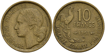 Франция 10 франков 1951 B, петух KM 915.2, Le Franc 363.5 алюминиевая бронза 4159-922