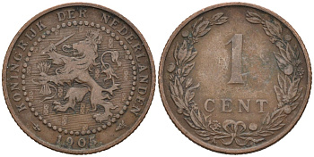 Нидерланды 1 цент 1905 Вильгельмина (1890-1948) KM 132 бронза 4576-658