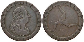 ОСТРОВ МЭН 1 ПЕННИ 1813 ГЕОРГ III, БОЛЬШОЙ ФОРМАТ KM 11 медь 650-211