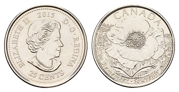 Канада 25 центов 2015 100 лет стихотворению "На полях Фландрии" KM 1852.1 сталь плакированная никелем UNC 4678-1216