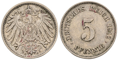 Германия 5 пфеннигов 1912 E, KM 11, J. 12 медно-никель 220-623