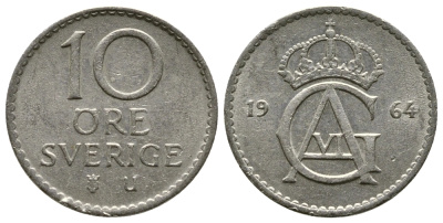 Швеция 10 эре 1964 U Густав VI Адольф (1950-1973) KM 835 медно-никель 3458-148