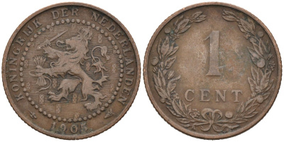 Нидерланды 1 цент 1905 Вильгельмина (1890-1948) KM 132 бронза 4576-658