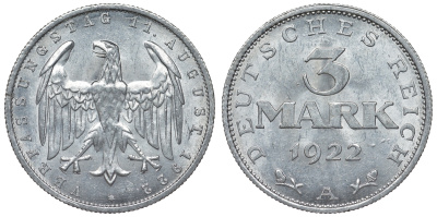 Германия 3 марки 1922 A, третья годовщина Веймарской Конституции KM 29, J. 303 алюминий 4123-135