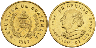 Гватемала 1 сентаво 1987 Бартоломе де лас Касес KM 275 латунь 4549-918