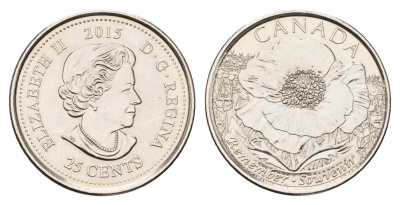 Канада 25 центов 2015 100 лет стихотворению "На полях Фландрии" KM 1852.1 сталь плакированная никелем UNC 4678-1216