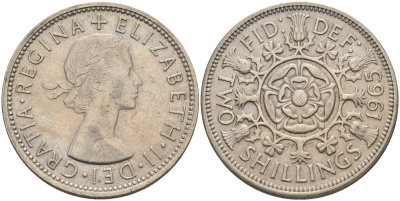 Великобритания 2 шиллинга (флорин) 1965 Елизавета II (1952-2022) KM 906, Spink 4146 медно-никель    4117-426