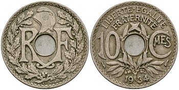 Франция 10 сантимов 1934 KM 866a медно-никель 51-2712