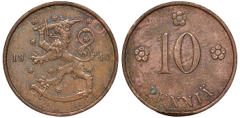 Финляндия 10 пенни 1940 республика (1918-1962) KM 24 медь 51-3354