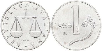 Италия 1 лира 1955 R, весы KM 91 алюминий  UNC  4594-631
