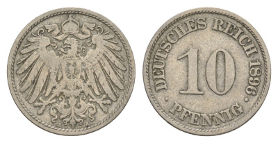 Германия 10 пфеннигов 1896 A, Вильгельм II (1888-1918) KM 12, J. 13 медно-никель 4644-1143
