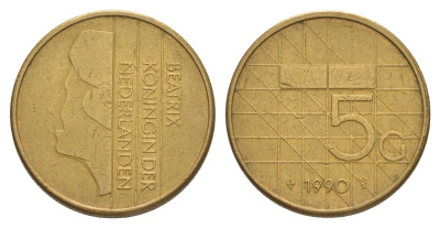 Нидерланды 5 гульденов 1990 KM 210 никель плакированная бронзой 4633-621