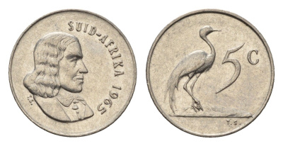 ЮАР 5 центов 1965 Ян ван Рибек (1619-1677), Suid Africa, легенда на африкаанс, райский журавль KM 67.2 медно-никель 4694-419