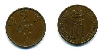 НОРВЕГИЯ 2 ЭРЕ 1947 ХОКОН VII KM 371 бронза 56-455