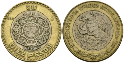 Мексика 10 песо 1997 Мо, бог Тонатиуха с огненной маской KM 616 биметалл 4120-333