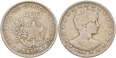 Бразилия 400 рейс 1901 голова свободы вправо KM 505 медно-никель 4367-211