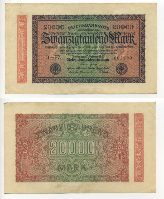 ГЕРМАНИЯ 20000 МАРОК 1923 20 ФЕВРАЛЯ 1923, ВОДЯНОЙ ЗНАК L Pick 85a бумага 6317-18-3