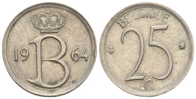 Бельгия 25 сантимов 1964 Belgique, Бодуэн I (1951-1993) KM 153.1 медно-никель 4609-738
