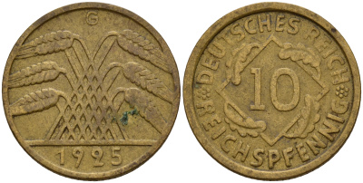 Германия 10 рейхспфеннигов 1925 G J. 317, KM 40 алюминиевая бронза    4603-813