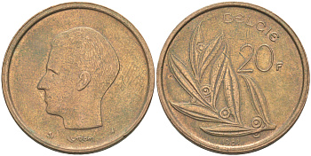 БЕЛЬГИЯ 20 ФРАНКОВ 1981 BELGIE KM 160 никель бронза 106-652