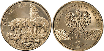 Польша 2 злотых 1999 MW, серия сохраним природу, волк KM 355 нордик UNC 1526-342