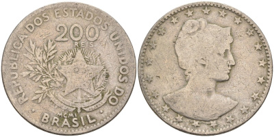 Бразилия 200 рейс 1901 голова свободы вправо KM 504 медно-никель 4589-1042