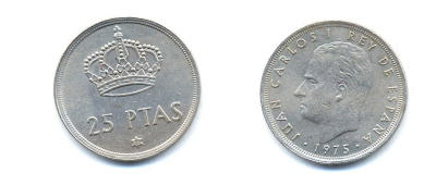 ИСПАНИЯ 25 ПЕСЕТ 1977 KM 808 медно-никель 54-2022