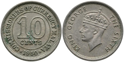 Британская Малайя 10 центов 1950 Георг VI (1937-1952) KM 8 медно-никель 4549-632