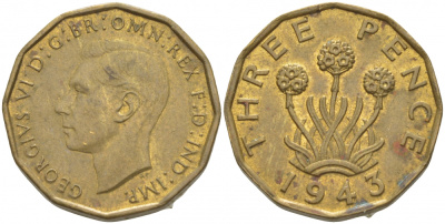 Великобритания 3 пенса 1940 Георг VI (1936-1952) KM 849, Spink 4112 никель латунь 87-416