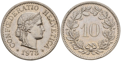 Швейцария 10 раппенов 1973 KM 27 медно-никель 4189-927