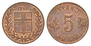 Исландия 5 эйре 1961 KM 9 бронза aUNC 4592-1056